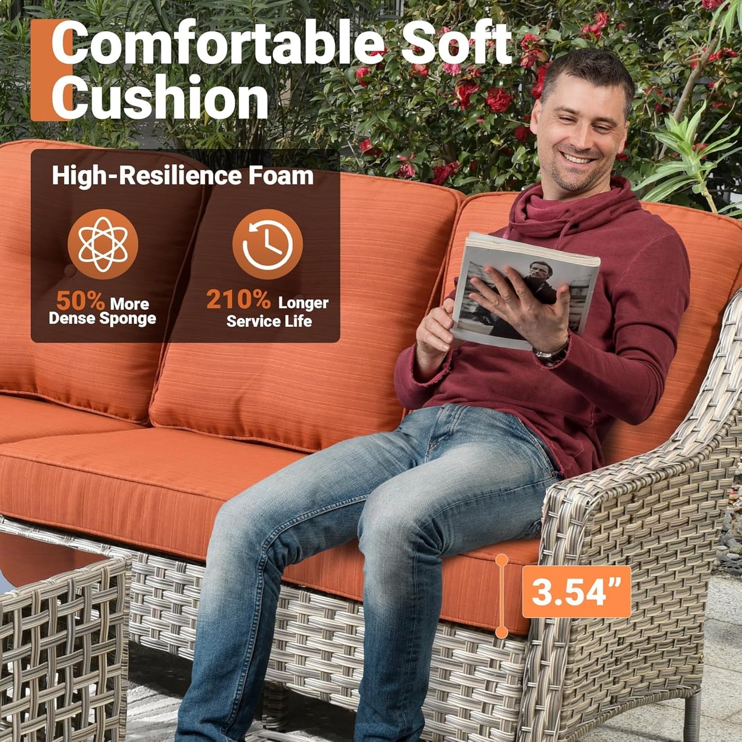 5 Piece Outdoor Patio Furniture with 3 Seat Sofa,Rattan Wicker Coversation Set with Swivel Rocking Chair,Balcony Sofa Set with Shiny Table for outside Porch Backyard Pool,Orange-3