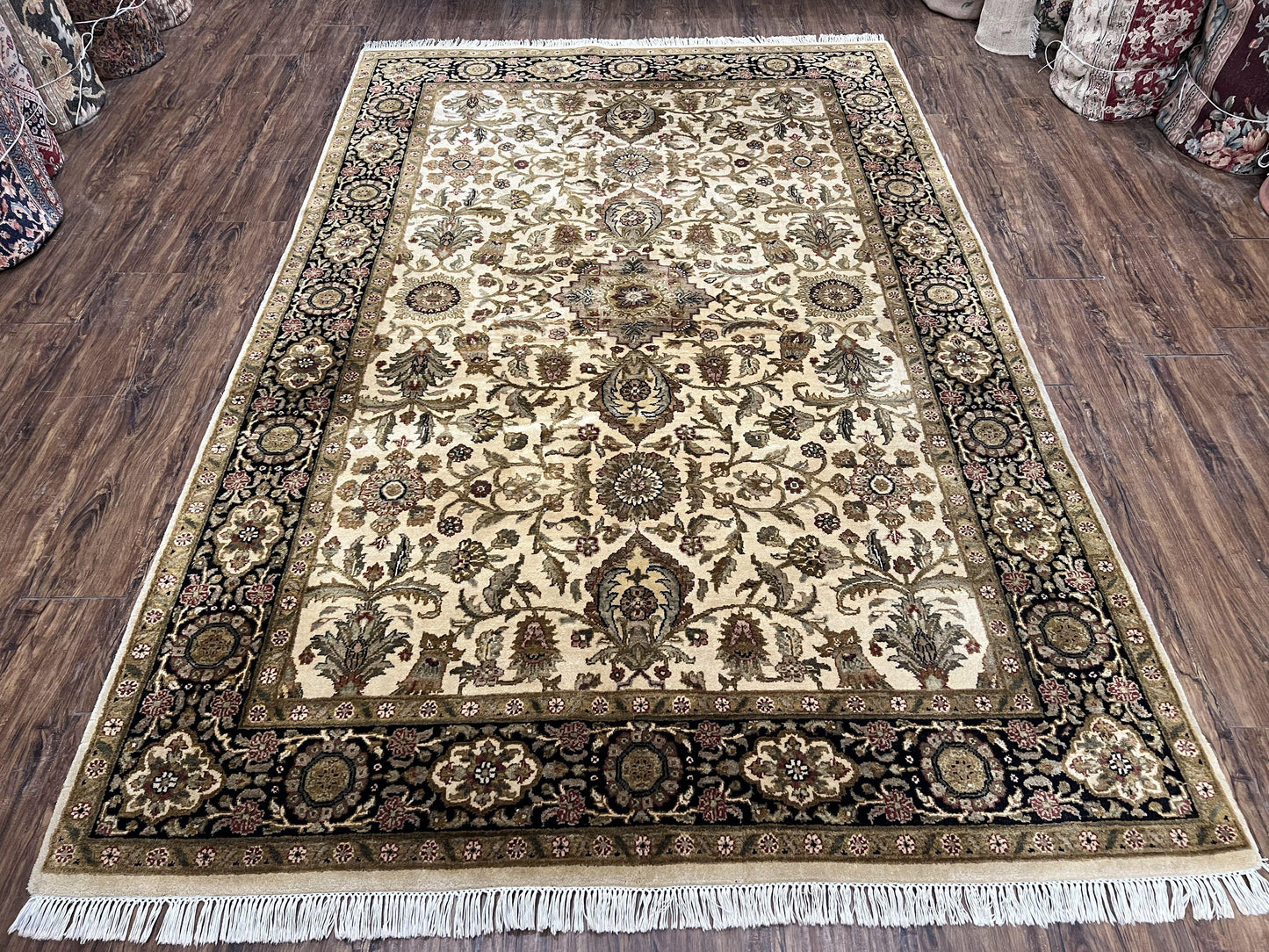 Indo Mahal Rug 6x9, Indian Floral Carpet 6 x 9, Beige and Black, Allover Design, Living Room Rug, Bedroom Rug, Traditional Rug, Vintage Rug