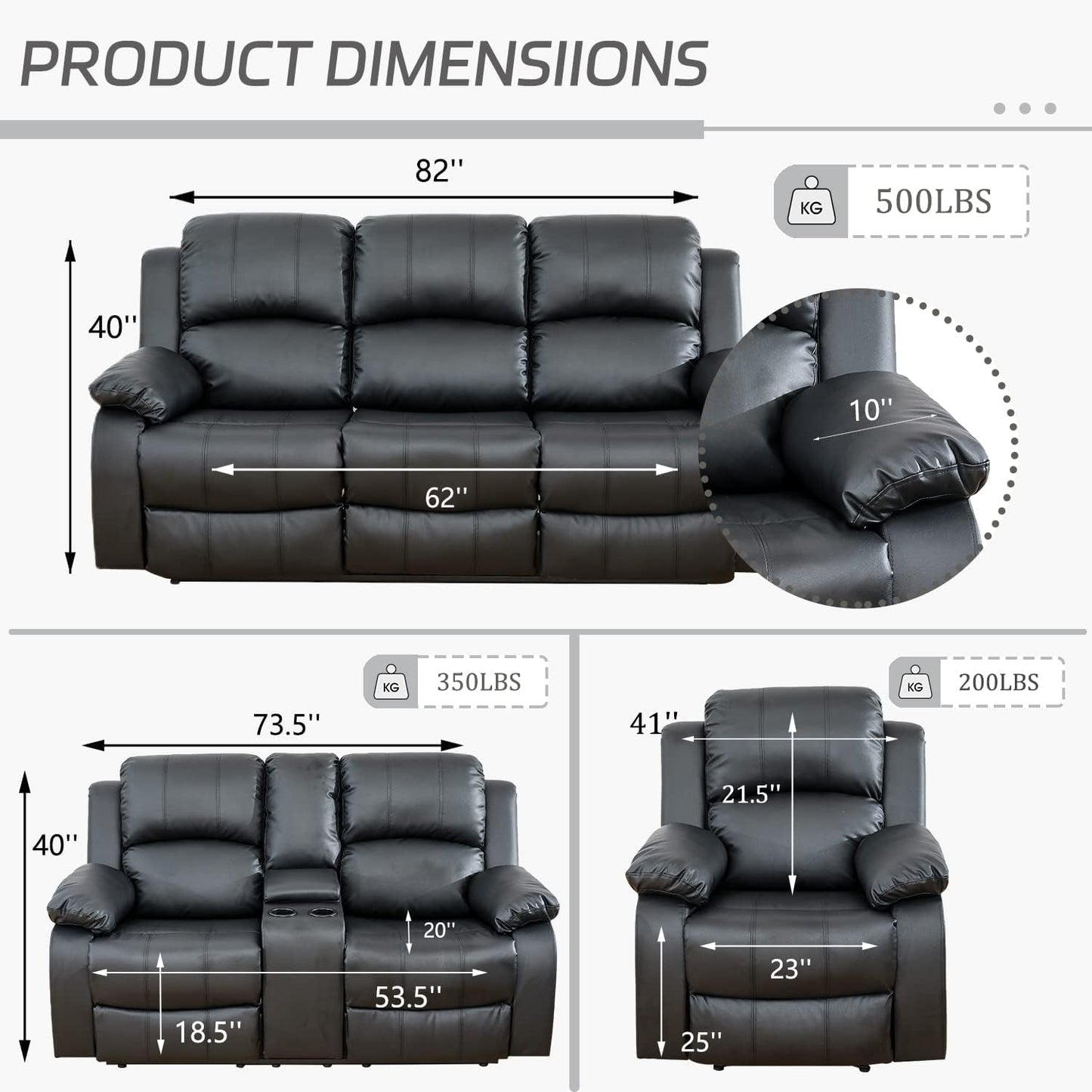 Manual Recliner Sofa Set, Bonded Leather Sofa Set Living Room Furniture, Reclining Sofa Set Leather Recliner Couch with Cup Holder/Storage Console for Living Room (3 Pieces Couch Set,Black)-1