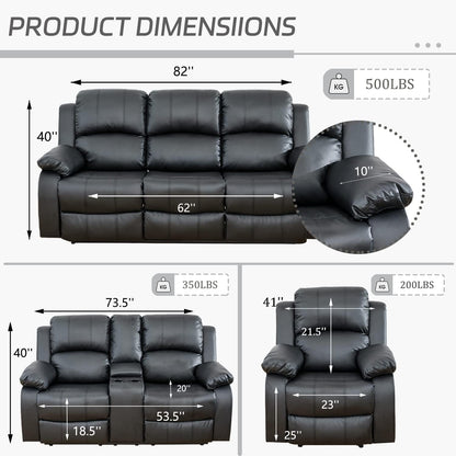 Manual Recliner Sofa Set, Bonded Leather Sofa Set Living Room Furniture, Reclining Sofa Set Leather Recliner Couch with Cup Holder/Storage Console for Living Room (3 Pieces Couch Set,Black)-1