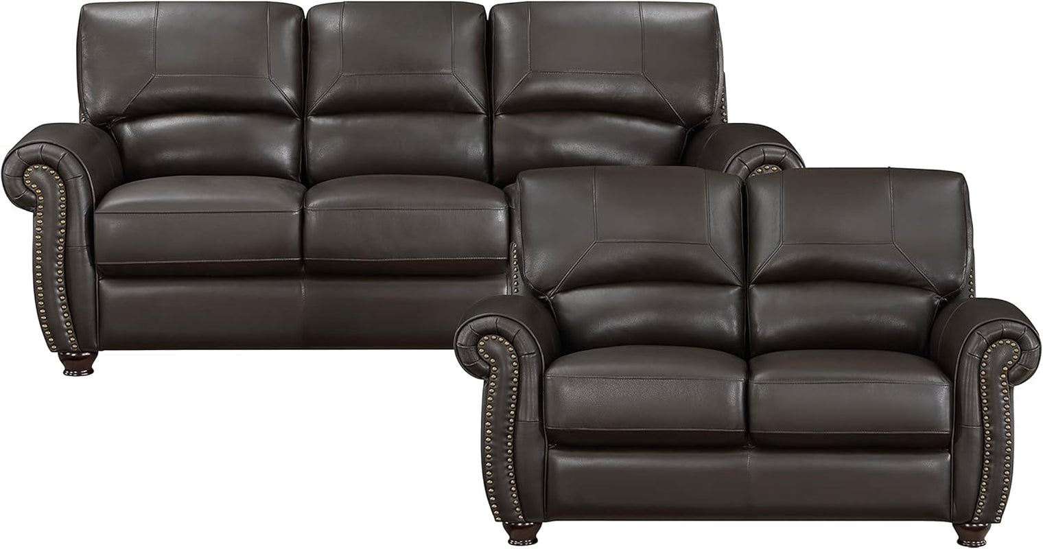 Leather Sofa Set, Top Grain Leather Living Room Furniture Sets, Include Sofa Couch and Loveseat, 2-Piece Set, Dark Brown-2