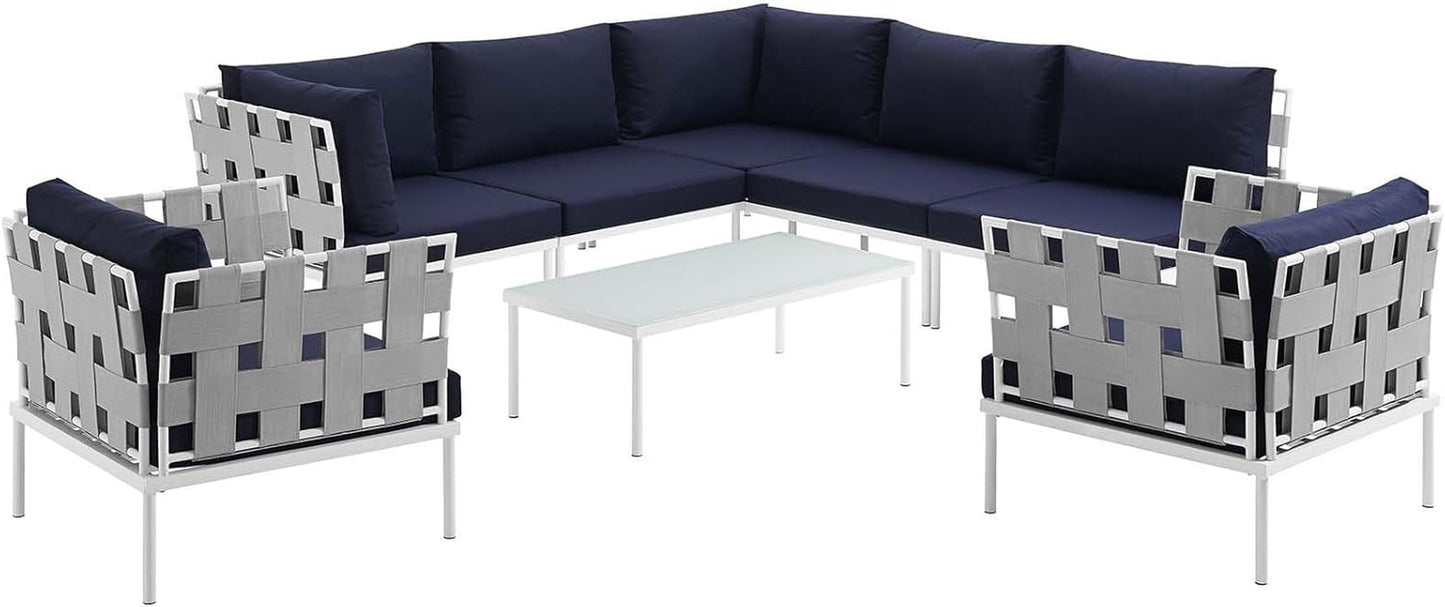 Harmony 8-Piece Aluminum Outdoor Patio Furniture Sectional Sofa Set with Cushions in White Navy-0