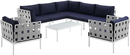 Harmony 8-Piece Aluminum Outdoor Patio Furniture Sectional Sofa Set with Cushions in White Navy-0