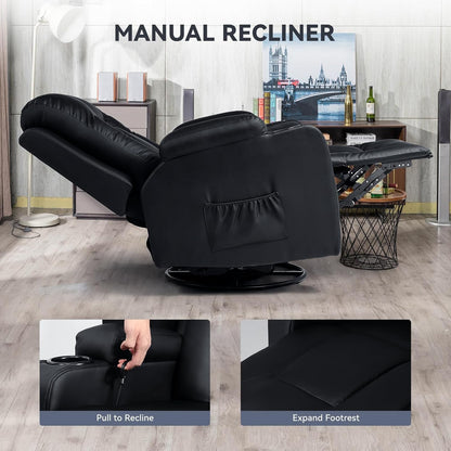 Living Room Furniture Set, Bonded Leather Loveseat Sofa with Cup Holder Recliner Chair, Black