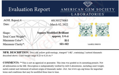 AGS Certified 14k Yellow Gold 1/4 Cttw 4-Prong Set Princess-Cut Solitaire Diamond Push Back Stud Earrings (H-I Color, SI1-SI2 Clarity)-4