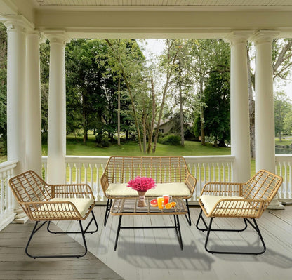 4 Piece Rattan Patio Furniture Set,Indoor/Outdoor Wicker Conversation Set with Loveseat,Chairs and Table for Garden,Porch,Yard and Poolside with White Soft Cushions-1