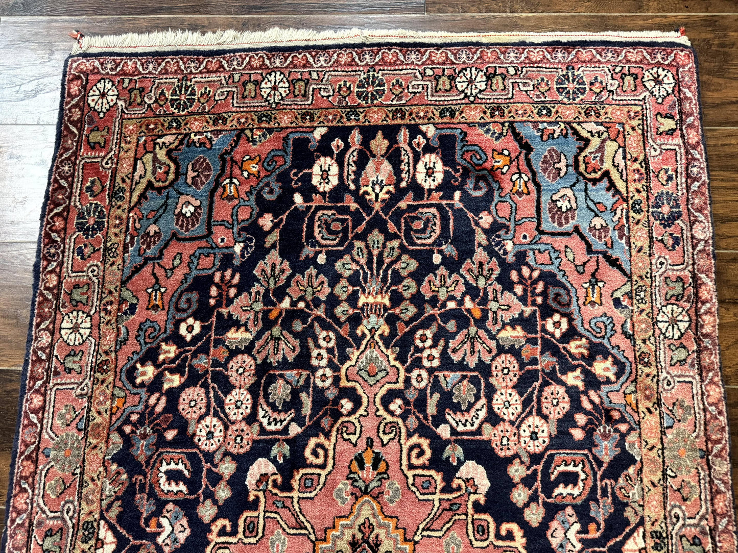 Persian Rug 3x5, Jozan Sarouk Rug, Navy Blue and Coral, Medallion Rug, Semi Antique