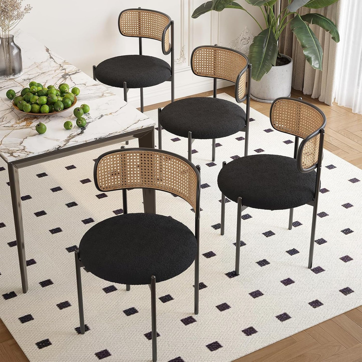 Kitchen Chairs Set of 4, Mid-Century Modern Dining Chairs,Kitchen Dining Room Chairs, Rattan Backrest round Upholstered Sherpa Dining Chairs,Black