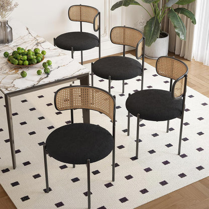 Kitchen Chairs Set of 4, Mid-Century Modern Dining Chairs,Kitchen Dining Room Chairs, Rattan Backrest round Upholstered Sherpa Dining Chairs,Black