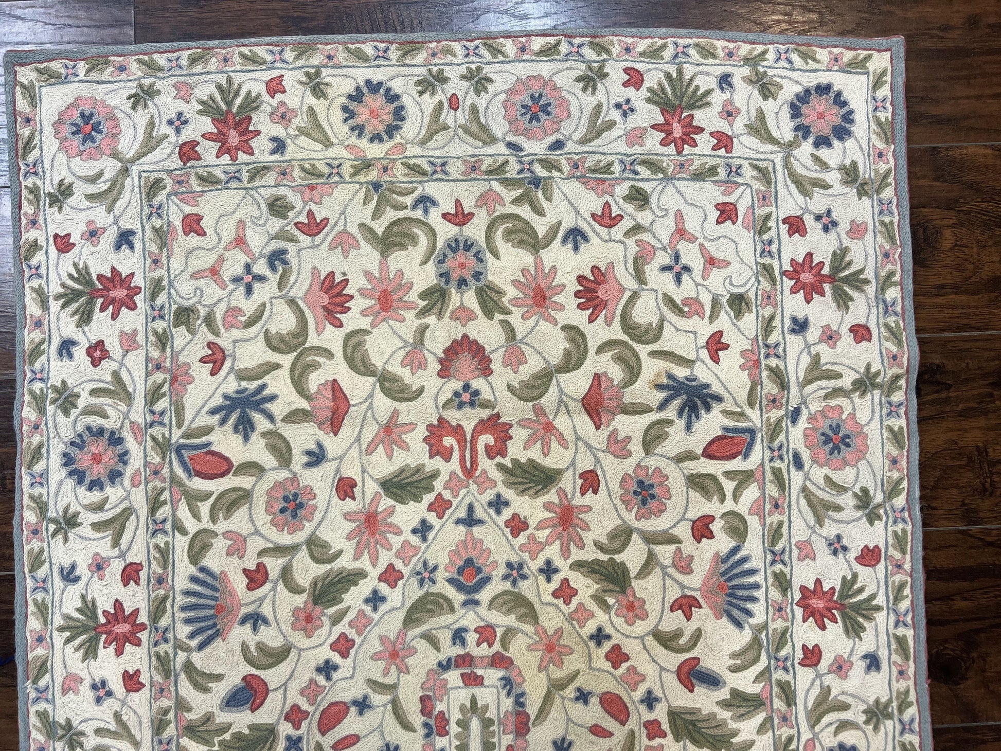 Hand Stitched Indian Rug 4x5, Floral, Vintage Hand Embroidered Rug-2