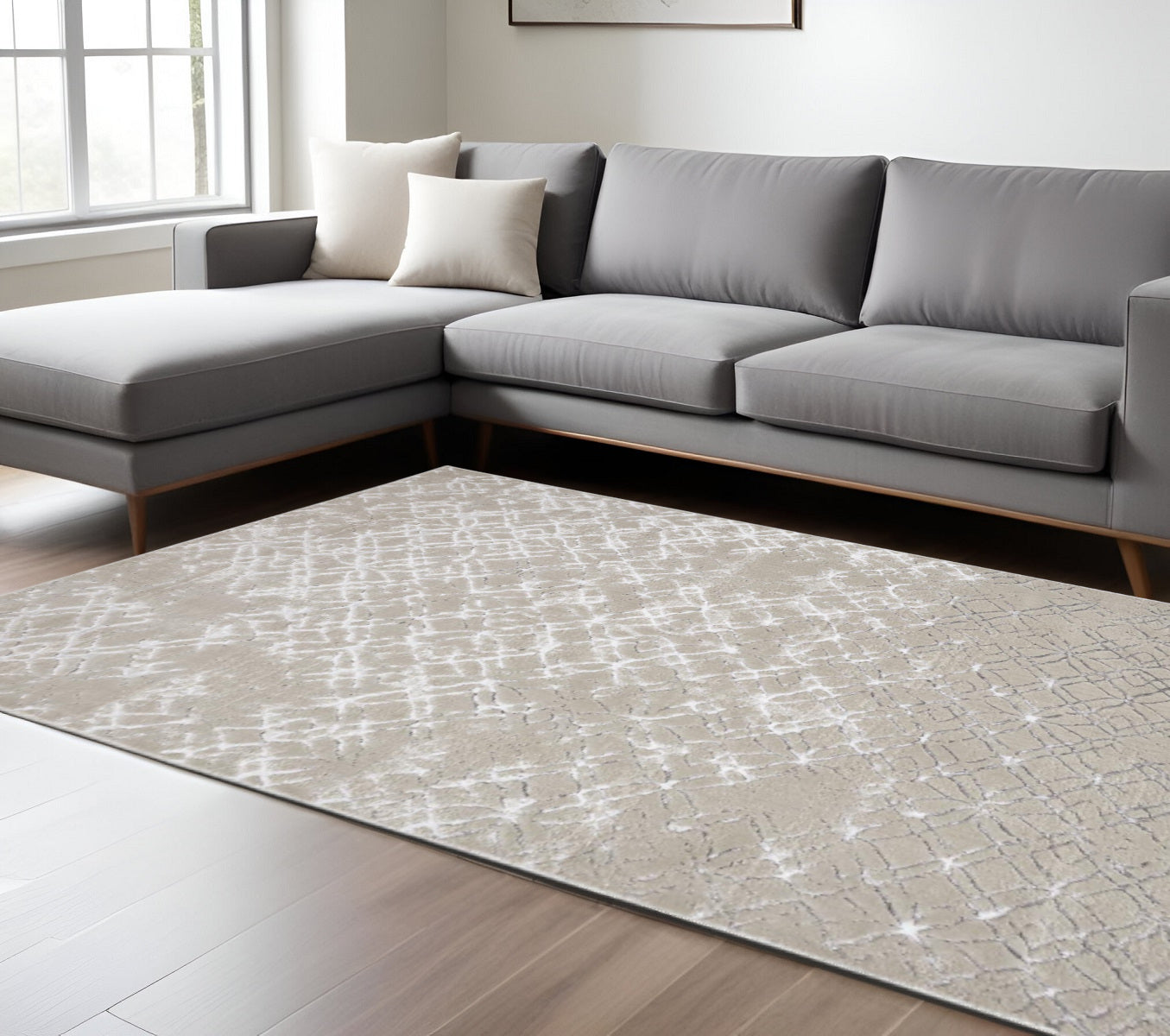 10' X 13' Tan Silver And Gray Quatrefoil Area Rug