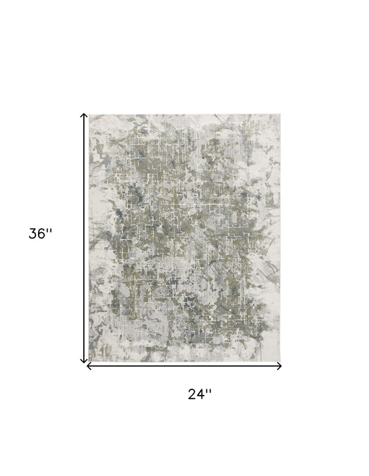 2' X 3' Green Gray And Ivory Abstract Distressed Stain Resistant Area Rug