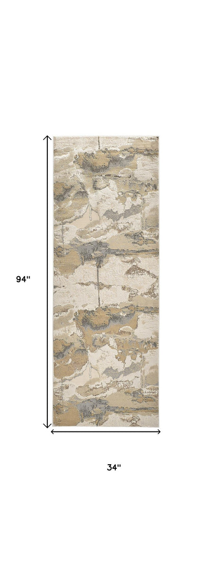8' Ivory Brown And Gray Abstract Runner Rug