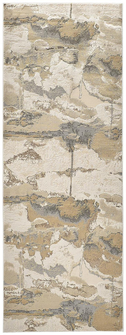 8' Ivory Brown And Gray Abstract Runner Rug