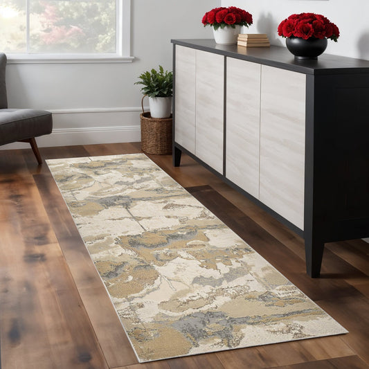 8' Ivory Brown And Gray Abstract Runner Rug