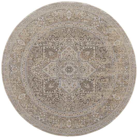8' Brown and Ivory Round Medallion Power Loom Distressed Area Rug