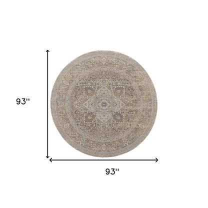 8' Brown and Ivory Round Medallion Power Loom Distressed Area Rug