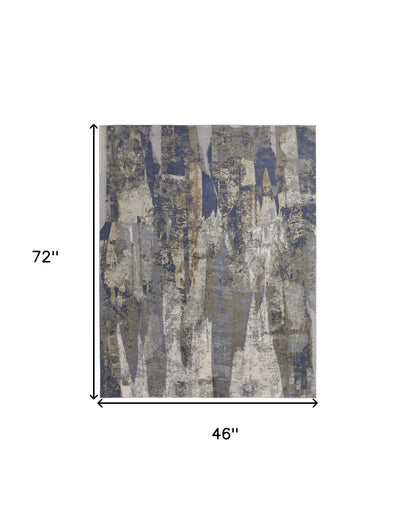 4' X 6' Blue Gray And Tan Abstract Distressed Area Rug