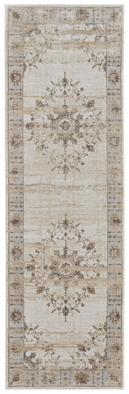 8' Tan Brown And Gray Oriental Distressed Runner Rug