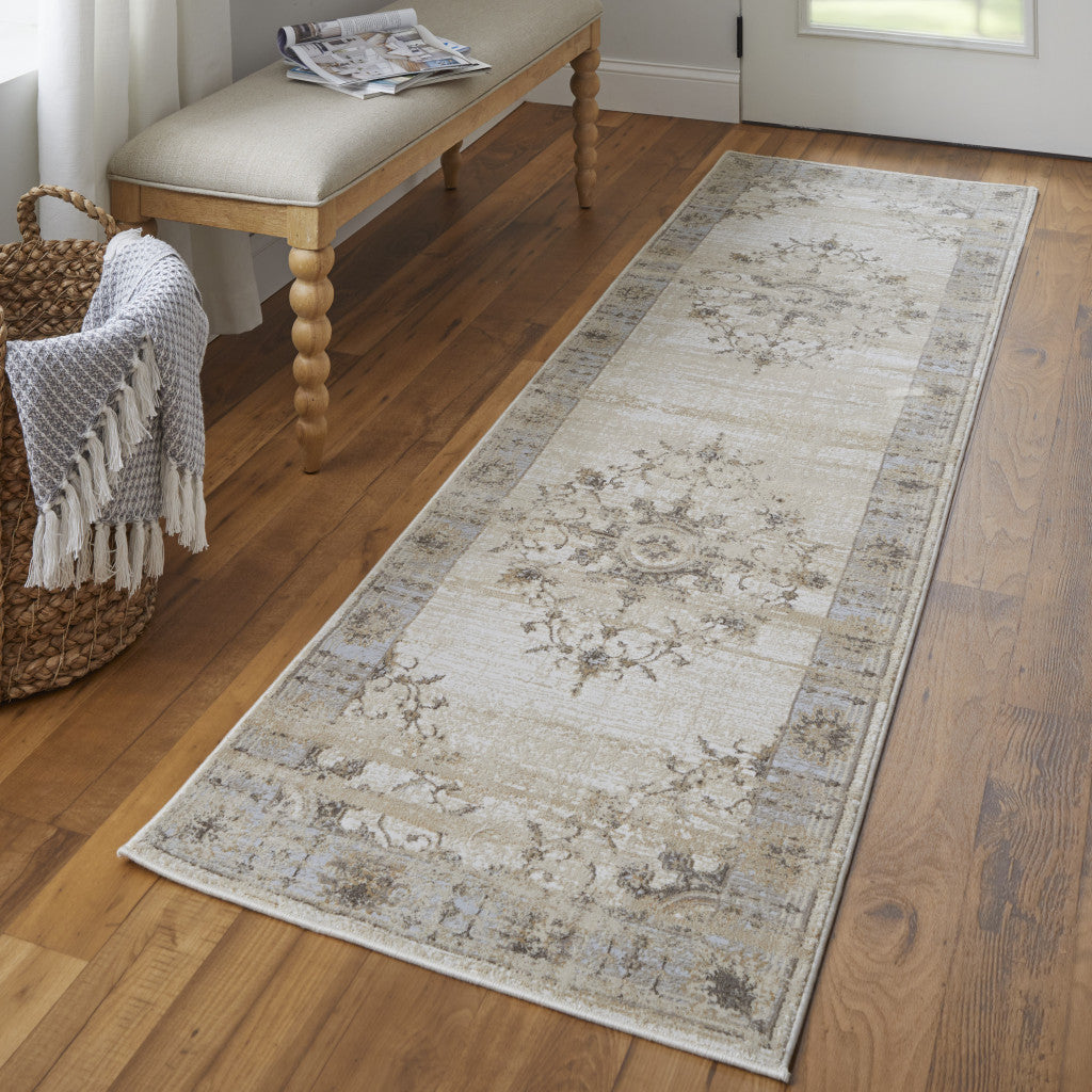 8' Tan Brown And Gray Oriental Distressed Runner Rug
