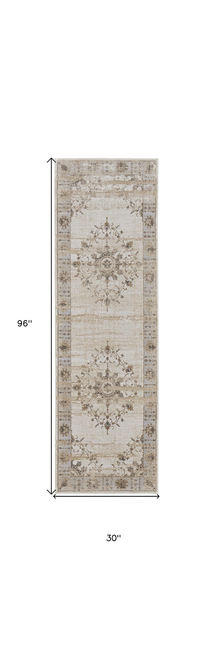 8' Tan Brown And Gray Oriental Distressed Runner Rug