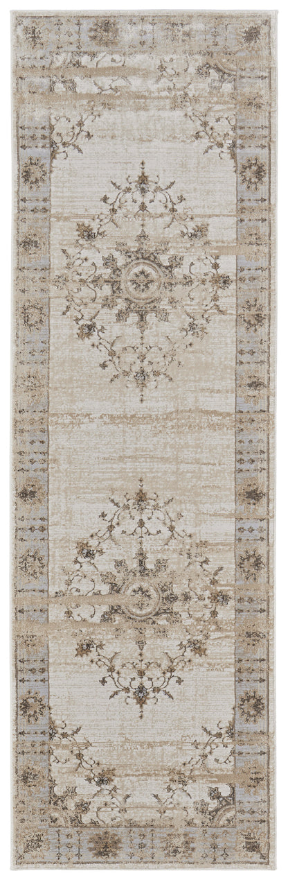 8' Tan Brown And Gray Oriental Distressed Runner Rug