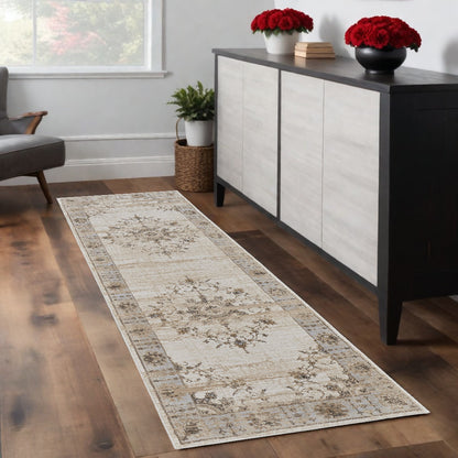 8' Tan Brown And Gray Oriental Distressed Runner Rug