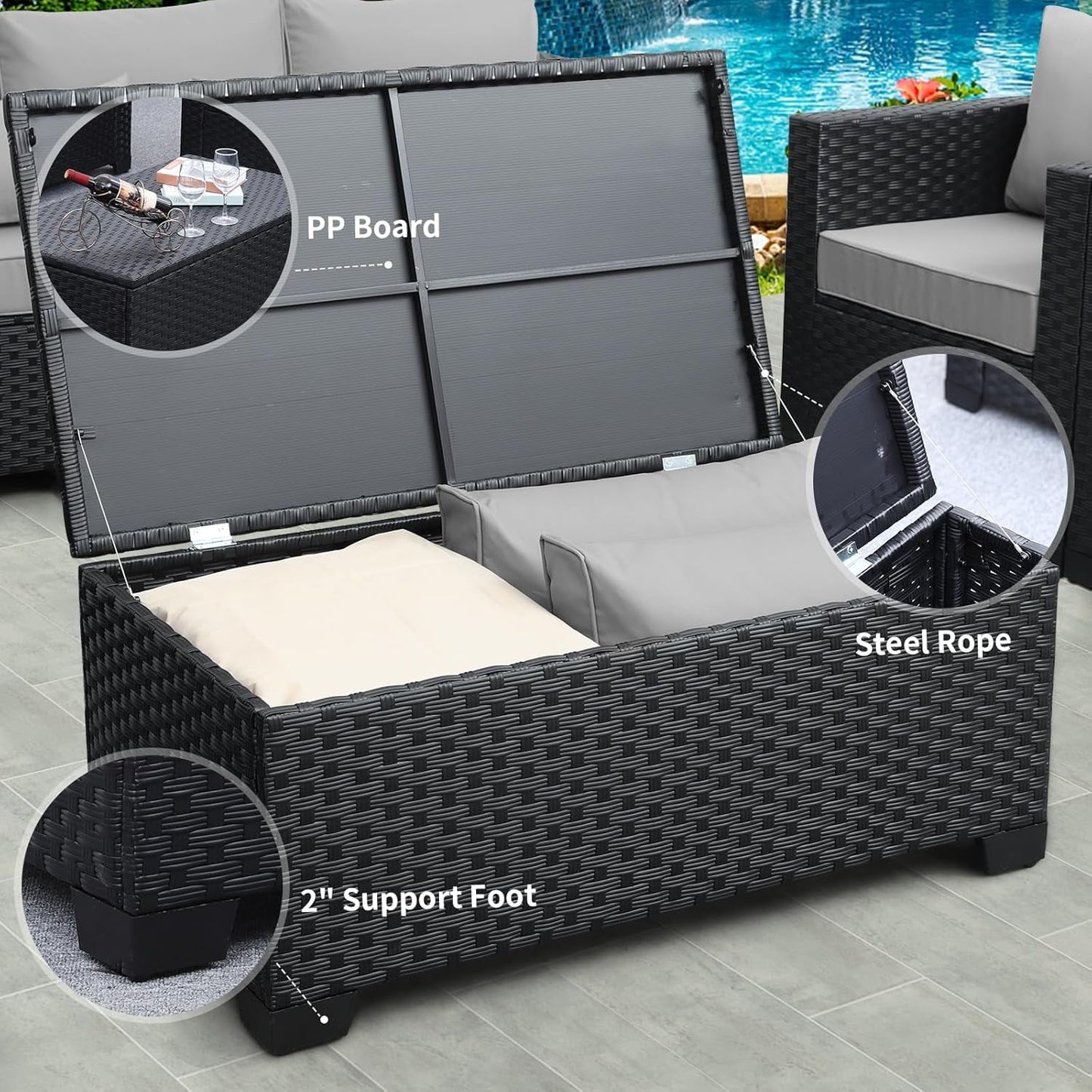 Patio Wicker Furniture Set 6 Pieces Outdoor HDPE Wicker Conversation Couch Sectional Chair Sofa Set with Grey Cushions