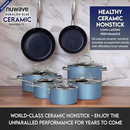 Nuwave Healthy Duralon Blue Ceramic Nonstick Cookware Set, Diamond Infused Scratch-Resistant, PFAS Free, Dishwasher & Oven Safe, Induction Ready & Evenly Heats, Tempered Glass Lids & Stay-Cool Handles