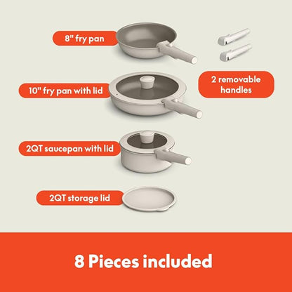 Bella 8 Piece Cookware Set, Fits-anywhere™ Kitchenware w EverGood™ Ceramic Nonstick Coating, Removable Handles, Dishwasher & Oven Safe, All Stovetops Compatible, Glass Lids w Silicone Rims, Oatmilk