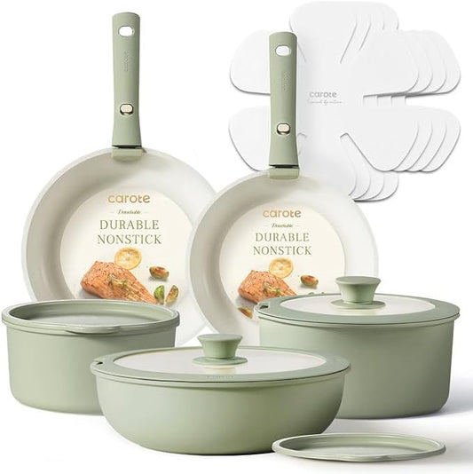 CAROTE Pots and Pans Set, Nonstick Cookware Set Detachable Handle, 15pcs Induction Kitchen Cookware Sets Non Stick with Removable Handle, RV Cookware Set, Oven Safe, Sage Green