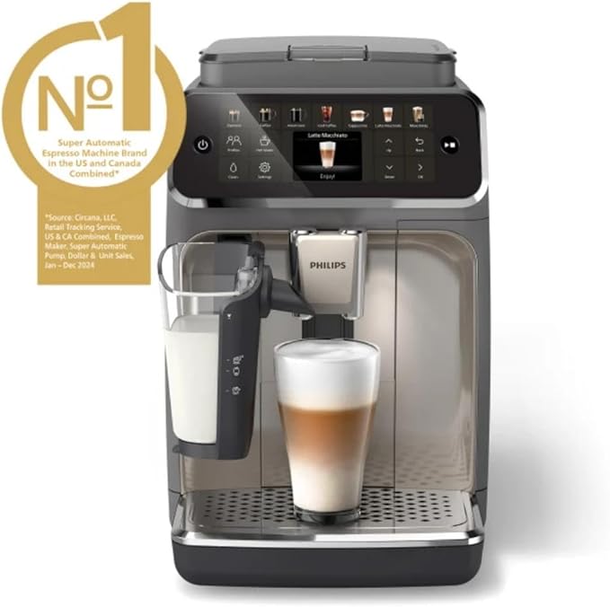 PHILIPS 4400 Series Fully Automatic Espresso Machine – 12 Hot & Iced Coffees, Quick-to-Clean LatteGo Milk System, SilentBrew, QuickStart, Ceramic Grinder, Black Chrome (EP4444/90)