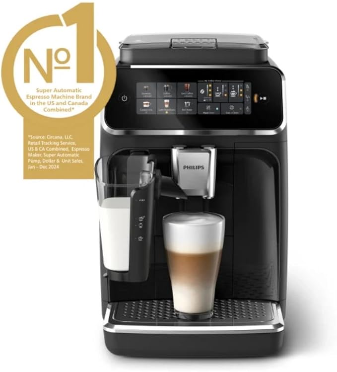 PHILIPS Series 3300 Fully Automatic Espresso Coffee Machine - 6 Hot & Iced Drinks, LatteGo Milk System, 40% Quieter SilentBrew, Ceramic Grinder, Aquaclean Filter, Glossy Black (EP3341/50)