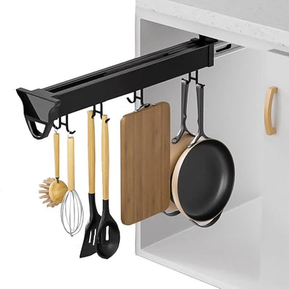 Hanging Pot Rack with 8 Hook for Cabinet 18inch Pull Out Pot and Pan organizer Adjustable Pot Racks with Sliding Rail Storage Utility Rack Used for Kitchen/Closet/Cupboard,Load 75LBS