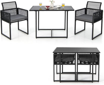 3 Pieces Outdoor Dining Set, Patio PE Rattan Furniture Set with Folding Backrest, Cozy Seat Cushions, Tempered Glass Tabletop, Space-Saving Rattan Chair Table Set for Backyard, Poolside-0