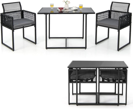 3 Pieces Outdoor Dining Set, Patio PE Rattan Furniture Set with Folding Backrest, Cozy Seat Cushions, Tempered Glass Tabletop, Space-Saving Rattan Chair Table Set for Backyard, Poolside-0