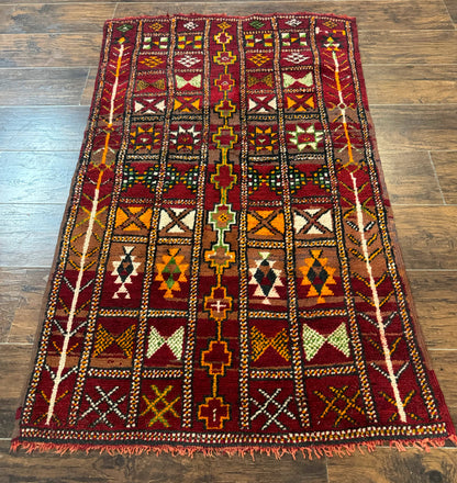 Moroccan Berber Tribal Rug 3x5, Geometric Area Rug, Red Orange Brown-0