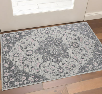 3' X 4' Gray And Dark Gray Medallion Distressed Area Rug