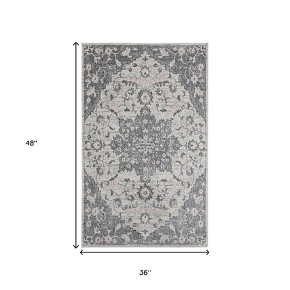 3' X 4' Gray And Dark Gray Medallion Distressed Area Rug