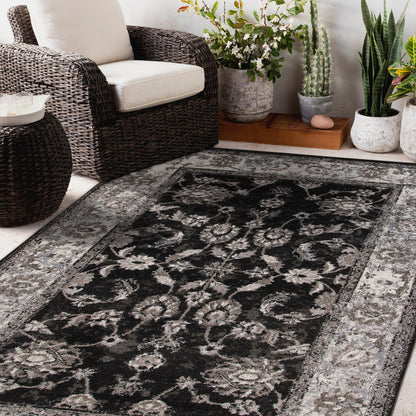 4' X 6' Ivory Black and Gray Oriental Power Loom Area Rug