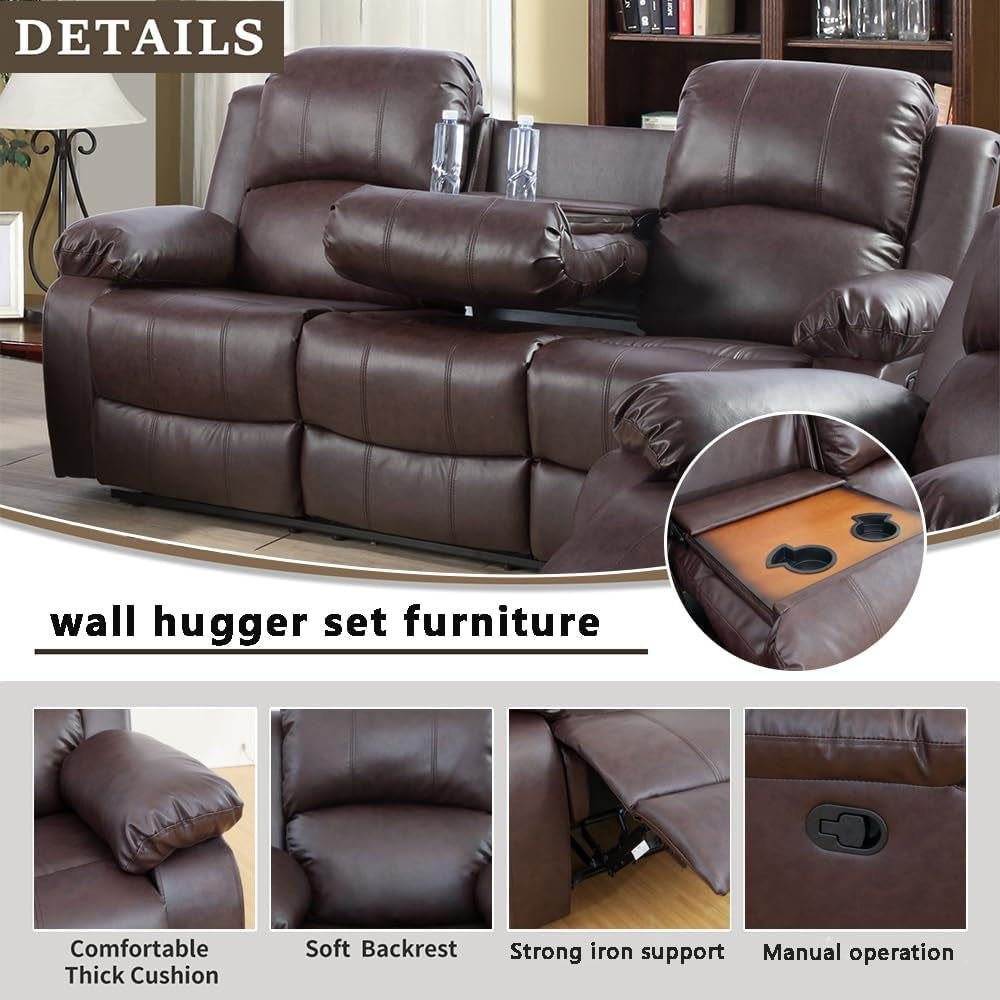 Living Room Furniture Set Leather Recliner Sofa Set Loveseat Chair Furniture Sofa Set for Living Room/Small Space/Rv/House/Office/Theater Seating (A-Brown Leather, Sofa(3Seater))-2