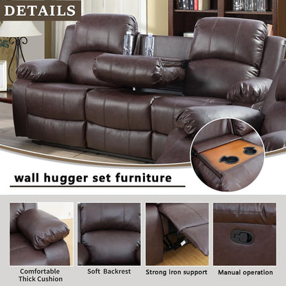 Living Room Furniture Set Leather Recliner Sofa Set Loveseat Chair Furniture Sofa Set for Living Room/Small Space/Rv/House/Office/Theater Seating (A-Brown Leather, Sofa(3Seater))-2