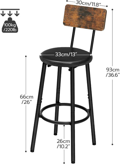 Bar Stools, Bar Stools Set of 2 with PU Upholstered, Bar Chairs with Footrest and Back, 26" Bar Stools for Kitchen Island, Dining Room, Easy to Assemble, Rustic Brown and Black BF31BY01G1-2