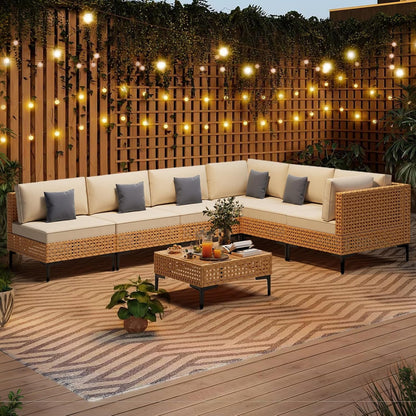 Paito Furniture Set, 110" Large 7-Piece Wicker Outdoor Paito Furniture Sets with Coffee Table,Boho Patio Conversation Set Sectional Sofa with All-Weather Cushions for Backyard,Porch,Beige