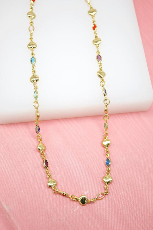 MultiColor CZ Stones With Heart Charms Necklace (G9)