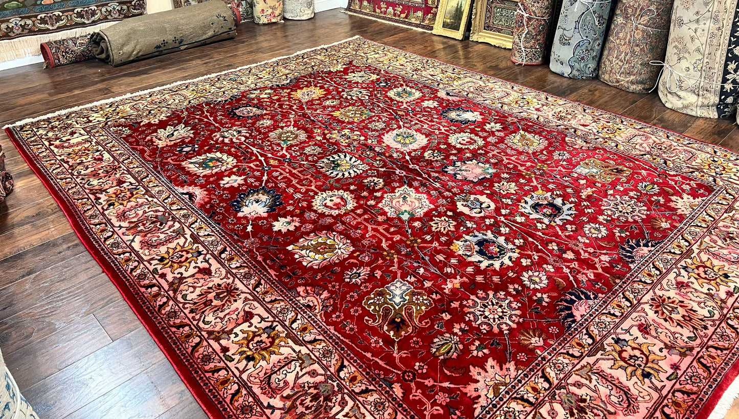 Persian Tabriz Rug 10x12, Floral Allover, Handmade Vintage Wool Carpet, Red and Cream-1
