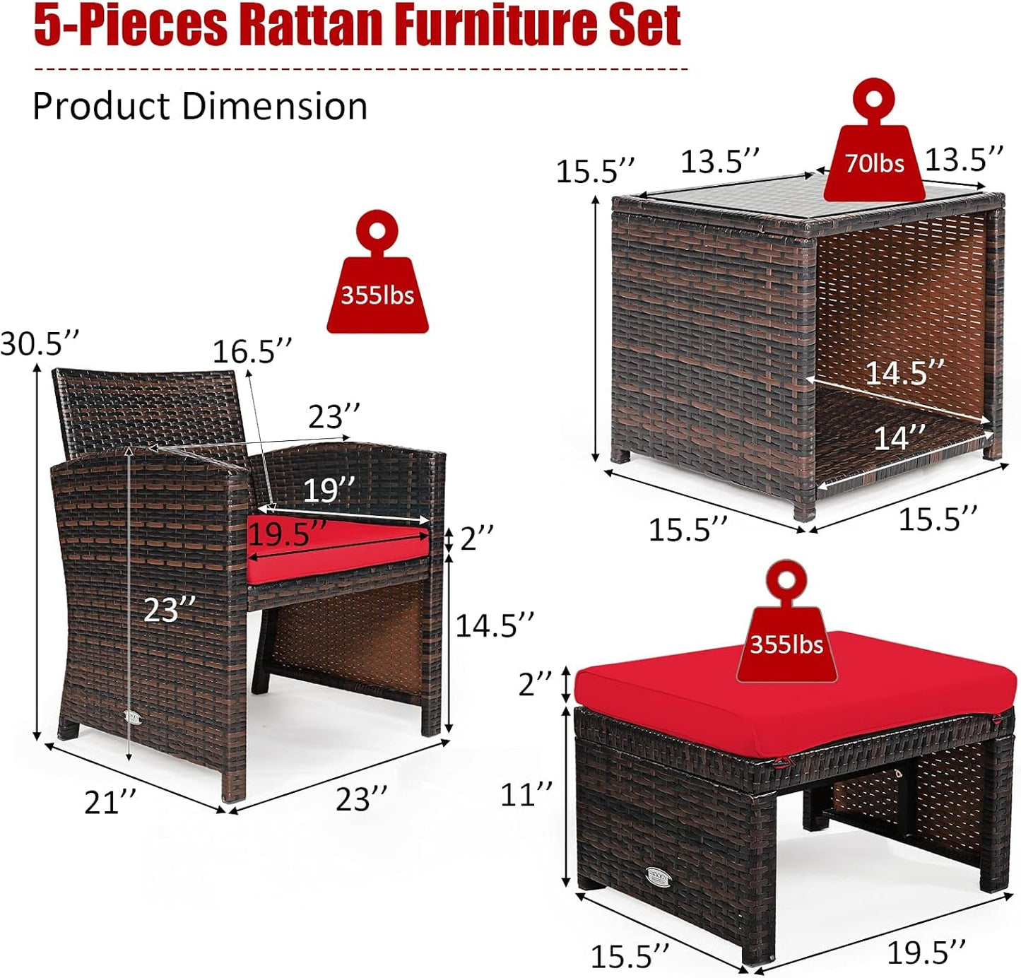 5 Piece Outdoor Rattan Furniture Set With Cushions
