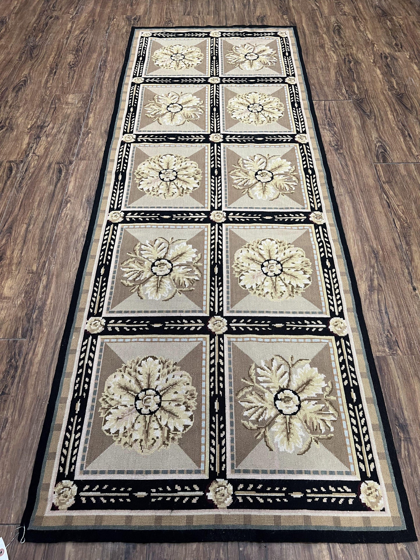 Needlepoint Runner Rug 3x8 Panel Design Rug, Flatweave Runner Rug, English Design, Floral, Short Runner Rug, Black and Beige Wool Hand-Woven-0