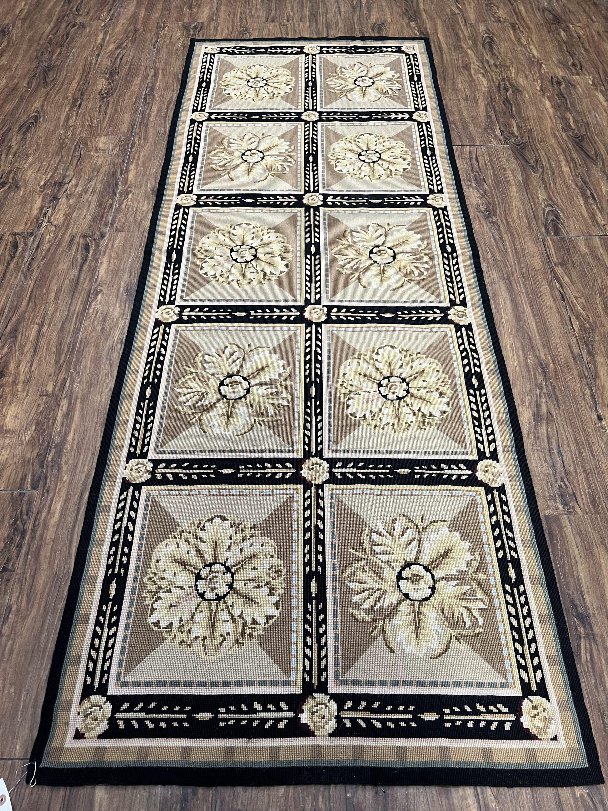 Needlepoint Runner Rug 3x8 Panel Design Rug, Flatweave Runner Rug, English Design, Floral, Short Runner Rug, Black and Beige Wool Hand-Woven-0
