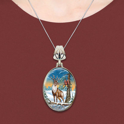 Regal Reindeer Silver Plated Mother of Pearl Jewelry Pendant Necklace - 44034